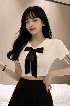 Women's JK Uniform Set - Short Crop Top with Bow and Belly Button Exposure + Pleated Mini Skirt - Nightclub Fashion