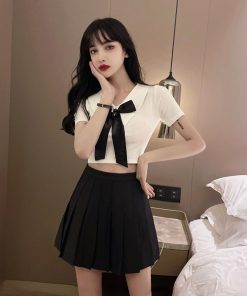 Women's JK Uniform Set - Short Crop Top with Bow and Belly Button Exposure + Pleated Mini Skirt - Nightclub Fashion