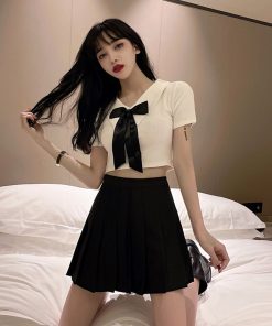 Women's JK Uniform Set - Short Crop Top with Bow and Belly Button Exposure + Pleated Mini Skirt - Nightclub Fashion