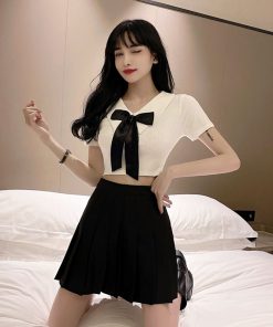 Women's JK Uniform Set - Short Crop Top with Bow and Belly Button Exposure + Pleated Mini Skirt - Nightclub Fashion