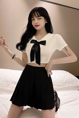 Women's JK Uniform Set - Short Crop Top with Bow and Belly Button Exposure + Pleated Mini Skirt - Nightclub Fashion