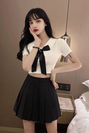 Women's JK Uniform Set - Short Crop Top with Bow and Belly Button Exposure + Pleated Mini Skirt - Nightclub Fashion