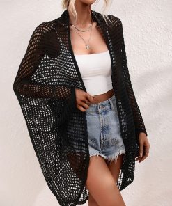 Women's Knitted Bikini Cover-Up Cardigan Shawl - Hollow Beach Vacation Sun Protection Clothing