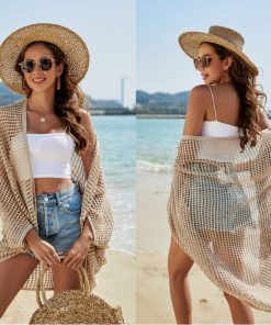 Women's Knitted Bikini Cover-Up Cardigan Shawl - Hollow Beach Vacation Sun Protection Clothing