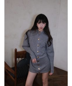 Women's Knitted Cardigan and High-Waisted Slim A-Line Skirt Set - Chic Clearance Style for 70s Inspired Look