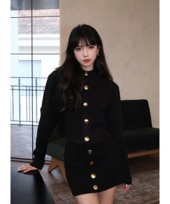 Women's Knitted Cardigan and High-Waisted Slim A-Line Skirt Set - Chic Clearance Style for 70s Inspired Look