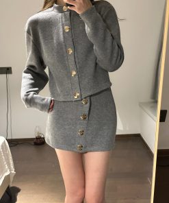 Women's Knitted Cardigan and High-Waisted Slim A-Line Skirt Set - Chic Clearance Style for 70s Inspired Look