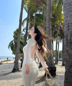 Women's Knitted Hollow Bikini Cover-Up Jacket for Beach, Sun Protection, Backless Design - Perfect for Vacations and Hot Springs