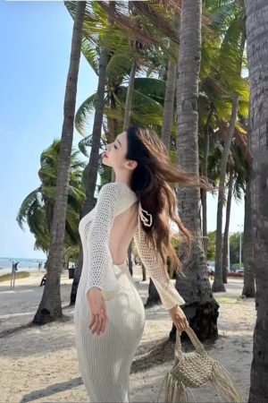Women's Knitted Hollow Bikini Cover-Up Jacket for Beach, Sun Protection, Backless Design - Perfect for Vacations and Hot Springs