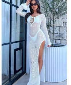 Women's Knitted Hollow Long Bikini Cover-Up - Sexy Beach Sun Protection Swimwear for Vacation - European and American Style