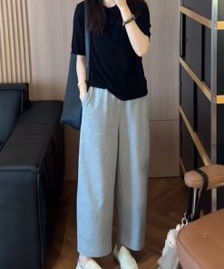 Women's Korean Style Slim-Fit Lapel Top and Age-Reducing Wide-Leg Pants Two-Piece Set - Summer 2025 Fashion Outfit