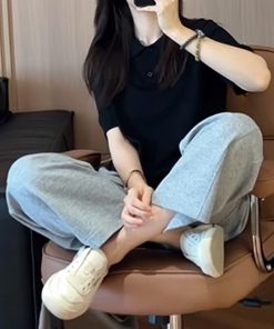 Women's Korean Style Slim-Fit Lapel Top and Age-Reducing Wide-Leg Pants Two-Piece Set - Summer 2025 Fashion Outfit