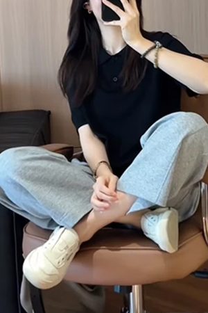 Women's Korean Style Slim-Fit Lapel Top and Age-Reducing Wide-Leg Pants Two-Piece Set - Summer 2025 Fashion Outfit