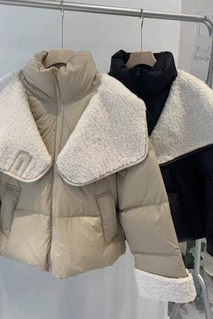 Women's Korean Style Spliced Lamb Wool Down Jacket - 80% Duck Down, Autumn & Winter Short Coat