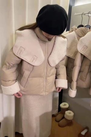Women's Korean Style Spliced Lamb Wool Down Jacket - 80% Duck Down, Autumn & Winter Short Coat