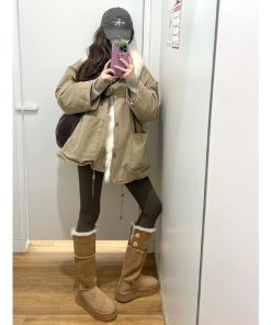 Women's Korean-Style Warm Winter Cotton Jacket with Fur Collar and Multi-Pocket Design