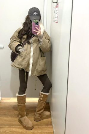 Women's Korean-Style Warm Winter Cotton Jacket with Fur Collar and Multi-Pocket Design