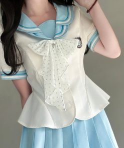 Women's Lace Sailor Suit Set - Double-Layer Collar, Waist-Cinching, College Style, JK Uniform, Cute Pudding Bear Design