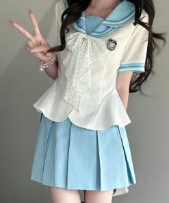 Women's Lace Sailor Suit Set - Double-Layer Collar, Waist-Cinching, College Style, JK Uniform, Cute Pudding Bear Design