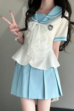 Women's Lace Sailor Suit Set - Double-Layer Collar, Waist-Cinching, College Style, JK Uniform, Cute Pudding Bear Design