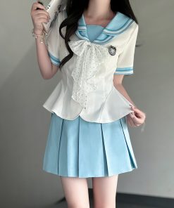 Women's Lace Sailor Suit Set - Double-Layer Collar, Waist-Cinching, College Style, JK Uniform, Cute Pudding Bear Design