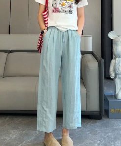 Women's Linen Wide-Leg Pants - 2025 Summer Casual Thin Ice Silk Cotton Blend - Petite Straight Fit for Effortless Style
