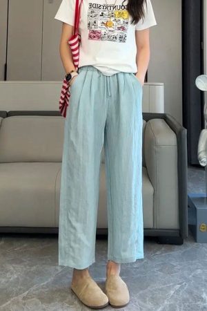 Women's Linen Wide-Leg Pants - 2025 Summer Casual Thin Ice Silk Cotton Blend - Petite Straight Fit for Effortless Style