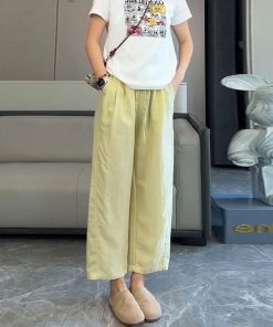 Women's Linen Wide-Leg Pants - 2025 Summer Casual Thin Ice Silk Cotton Blend - Petite Straight Fit for Effortless Style