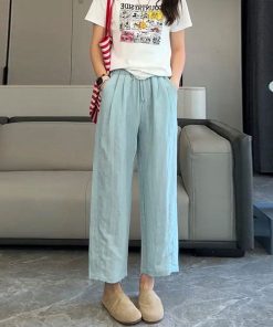 Women's Linen Wide-Leg Pants - 2025 Summer Casual Thin Ice Silk Cotton Blend - Petite Straight Fit for Effortless Style