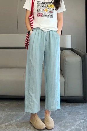 Women's Linen Wide-Leg Pants - 2025 Summer Casual Thin Ice Silk Cotton Blend - Petite Straight Fit for Effortless Style