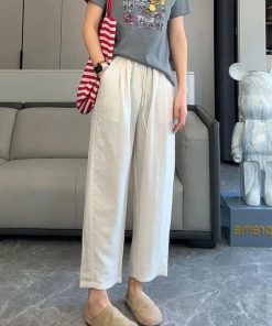 Women's Linen Wide-Leg Pants - 2025 Summer Casual Thin Ice Silk Cotton Blend - Petite Straight Fit for Effortless Style