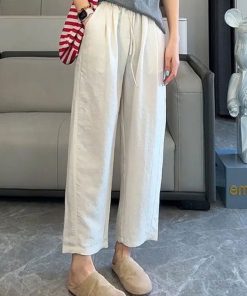 Women's Linen Wide-Leg Pants - 2025 Summer Casual Thin Ice Silk Cotton Blend - Petite Straight Fit for Effortless Style