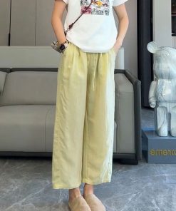 Women's Linen Wide-Leg Pants - 2025 Summer Casual Thin Ice Silk Cotton Blend - Petite Straight Fit for Effortless Style