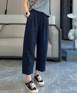 Women's Linen Wide-Leg Pants - 2025 Summer Casual Thin Ice Silk Cotton Blend - Petite Straight Fit for Effortless Style