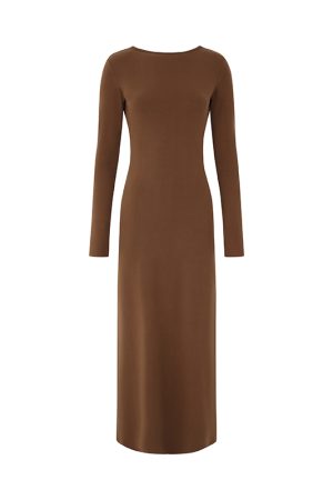 Women's Long Sleeve Backless Dress - High Waist Slim Fit Knitted Skirt for Spring - Casual Round Neck Fashion