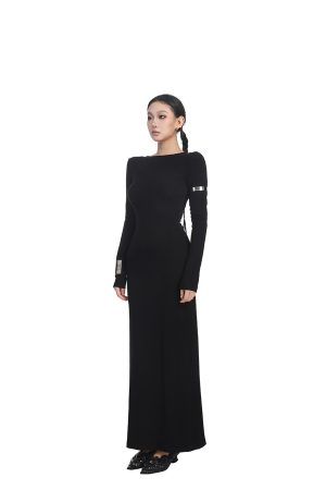 Women's Long Sleeve Backless Dress - High Waist Slim Fit Knitted Skirt for Spring - Casual Round Neck Fashion