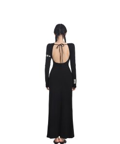 Women's Long Sleeve Backless Dress - High Waist Slim Fit Knitted Skirt for Spring - Casual Round Neck Fashion