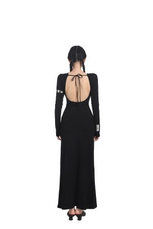 Women's Long Sleeve Backless Dress - High Waist Slim Fit Knitted Skirt for Spring - Casual Round Neck Fashion