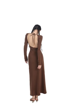Women's Long Sleeve Backless Dress - High Waist Slim Fit Knitted Skirt for Spring - Casual Round Neck Fashion