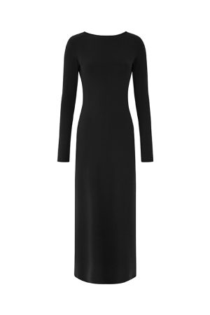 Women's Long Sleeve Backless Dress - High Waist Slim Fit Knitted Skirt for Spring - Casual Round Neck Fashion