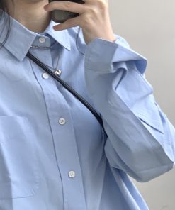 Women's Long Sleeve Blue Shirt - French Spring Autumn Style Top for 2025, Chic Commuter Fashion