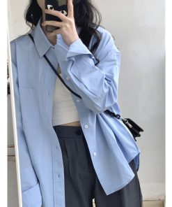 Women's Long Sleeve Blue Shirt - French Spring Autumn Style Top for 2025, Chic Commuter Fashion