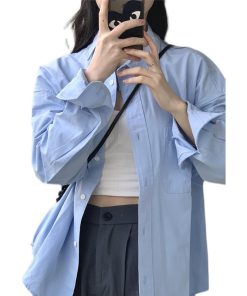 Women's Long Sleeve Blue Shirt - French Spring Autumn Style Top for 2025, Chic Commuter Fashion