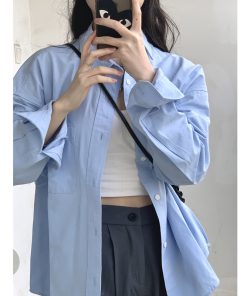 Women's Long Sleeve Blue Shirt - French Spring Autumn Style Top for 2025, Chic Commuter Fashion