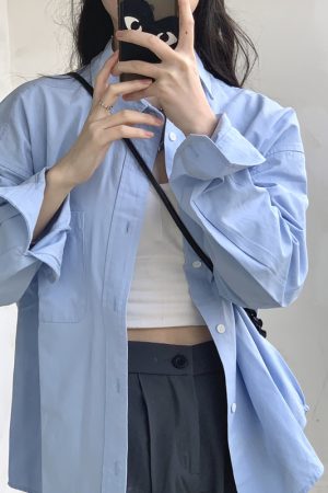 Women's Long Sleeve Blue Shirt - French Spring Autumn Style Top for 2025, Chic Commuter Fashion