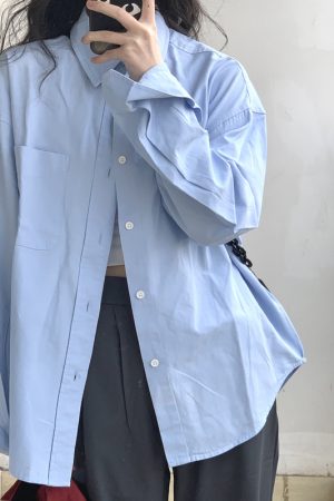 Women's Long Sleeve Blue Shirt - French Spring Autumn Style Top for 2025, Chic Commuter Fashion