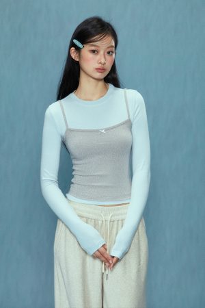 Women's Long Sleeve Fitted Two-Piece T-Shirt - Spring 2025 Style, Slimming and Versatile, Perfect for Casual or Layering