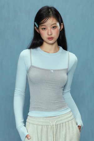 Women's Long Sleeve Fitted Two-Piece T-Shirt - Spring 2025 Style, Slimming and Versatile, Perfect for Casual or Layering