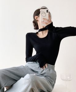 Women's Long Sleeve Fleece Hollowed-Out U-Neck Halter Top - Comfortable Slim Fit Shirt for Casual Wear