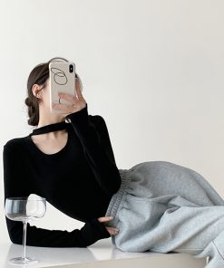 Women's Long Sleeve Fleece Hollowed-Out U-Neck Halter Top - Comfortable Slim Fit Shirt for Casual Wear